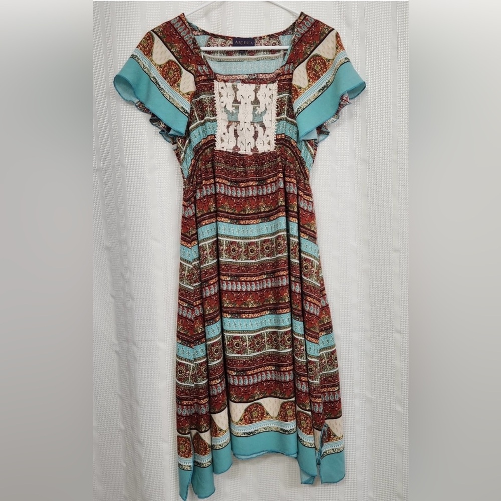 Artesia Bohemian Southwest Print Short Sleeve Midi Dress Size L - Picture 3 of 9